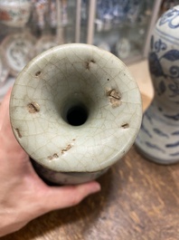 Un vase de forme 'meiping' et un de forme 'yuhuchunping' en porcelaine de Chine en bleu et blanc, Ming ou post&eacute;rieur