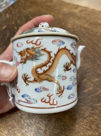 A Chinese famille rose teapot and cover with dragons among clouds, Qingwan 清玩 mark, 19th C.