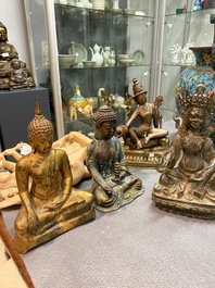 Five Asian sculptures in alabaster, bronze and brass, 19/20th C.