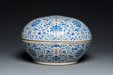 A large round Chinese box and cover with overglaze blue enamel lotus design, Guangxu mark and of the period