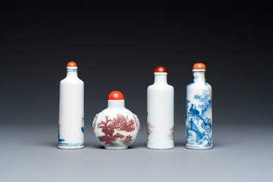 Four Chinese blue, white and copper-red snuff bottles, 19th C.