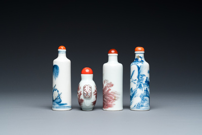 Four Chinese blue, white and copper-red snuff bottles, 19th C.