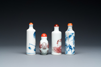 Four Chinese blue, white and copper-red snuff bottles, 19th C.