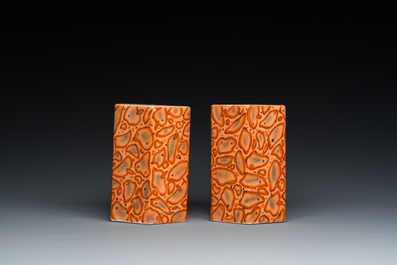 A pair of Chinese puddingstone-imitation brush pots, Qianlong mark, 19th C.