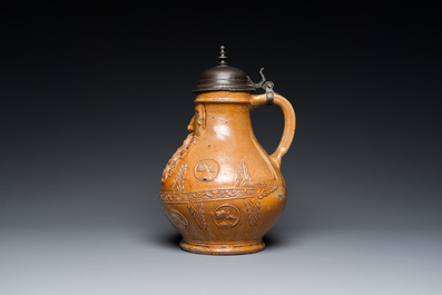 An exceptionally fine pewter-lidded stoneware bellarmine jug with portrait medallions, Cologne, Germany, 2nd quarter 16th C.