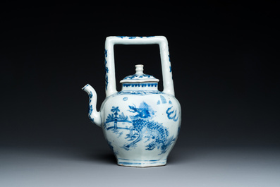 A Chinese blue and white 'qilins' wine ewer, Transitional period