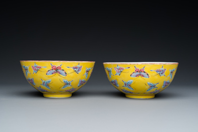 A pair of Chinese famille rose yellow-ground 'butterfly' bowls, Tongzhi mark and of the period