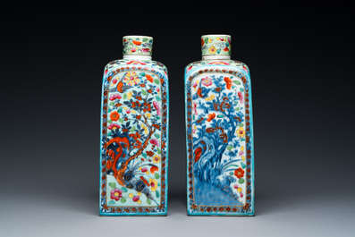 A pair of Chinese blue and white square flasks with European overdecoration, Kangxi