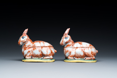 A pair of polychrome Dutch Delft 'hare' tureens and covers, 18th C.