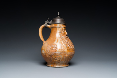 An exceptionally fine pewter-lidded stoneware bellarmine jug with portrait medallions, Cologne, Germany, 2nd quarter 16th C.