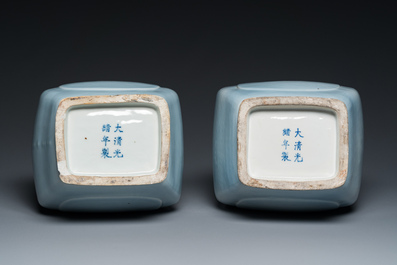 A pair of Chinese monochrome lavender-blue-glazed 'fanghu' vases, Guangxu mark and of the period