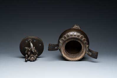 A Chinese bronze tripod censer with Liu Hai and the toad, Yuan