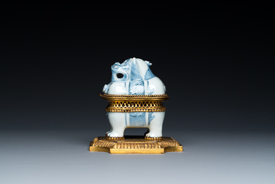 A Chinese blue and white gilt bronze-mounted censer in the shape of a Luduan, Wanli