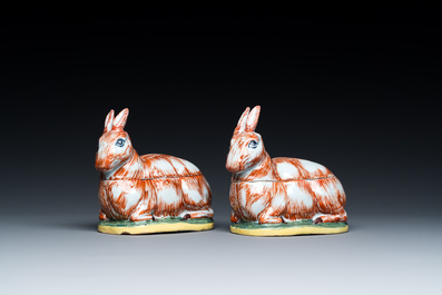 A pair of polychrome Dutch Delft 'hare' tureens and covers, 18th C.