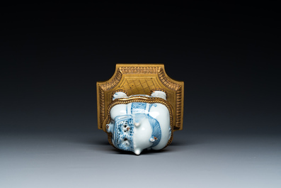 A Chinese blue and white gilt bronze-mounted censer in the shape of a Luduan, Wanli