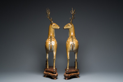 A very fine and large pair of Chinese cloisonn&eacute; models of deer on reticulated wooden stands, 19th C.