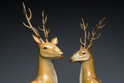 A very fine and large pair of Chinese cloisonn&eacute; models of deer on reticulated wooden stands, 19th C.