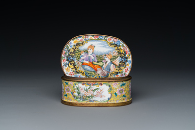 A fine Beijing enamel oval snuff box and cover with European ladies, Qianlong mark and probably of the period