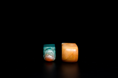 A Chinese white jade hairpin and two jade seal stamps, Qing