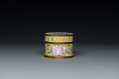 A fine Beijing enamel oval snuff box and cover with European ladies, Qianlong mark and probably of the period