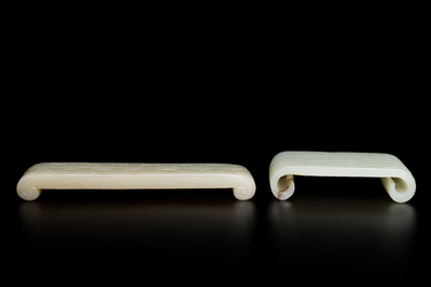 Two fine Chinese white and celadon jade brush rests, Qing