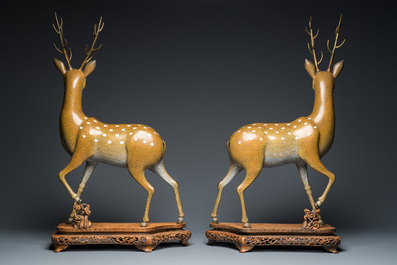 A very fine and large pair of Chinese cloisonn&eacute; models of deer on reticulated wooden stands, 19th C.