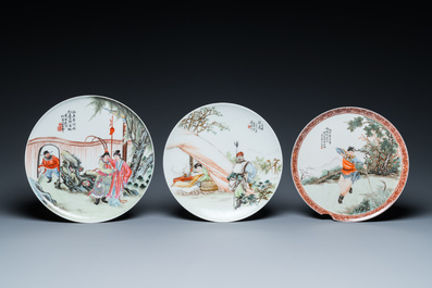 Three Chinese famille rose plates, signed Wang Xiliang 王锡良 and Zeng Fuqing 曾福慶, dated 1936