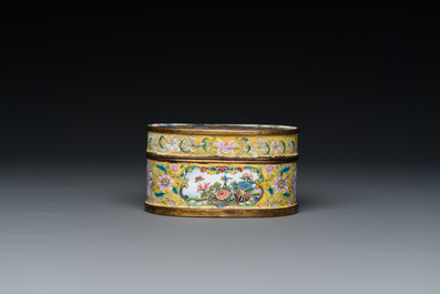 A fine Beijing enamel oval snuff box and cover with European ladies, Qianlong mark and probably of the period