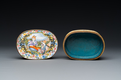 A fine Beijing enamel oval snuff box and cover with European ladies, Qianlong mark and probably of the period