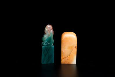 A Chinese white jade hairpin and two jade seal stamps, Qing