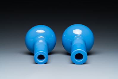 A pair of Chinese turquoise-blue Peking glass bottle vases, Qing