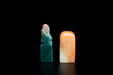 A Chinese white jade hairpin and two jade seal stamps, Qing