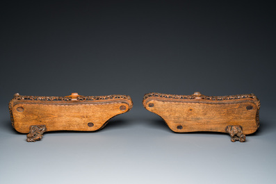 A very fine and large pair of Chinese cloisonn&eacute; models of deer on reticulated wooden stands, 19th C.