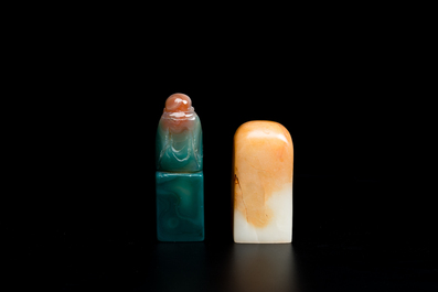 A Chinese white jade hairpin and two jade seal stamps, Qing
