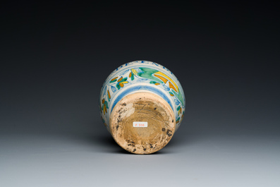 A rare polychrome Antwerp maiolica pharmacy bottle inscribed AQ DE ENDIV, middle of the 16th C.