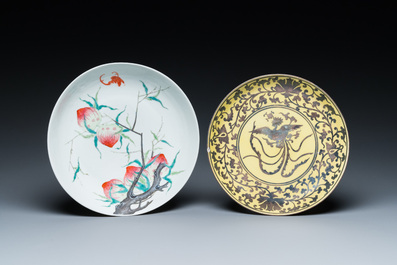 A Chinese famille rose 'five peaches' plate and a yellow-ground 'phoenix' plate, Song Feng Yong Le 松風永樂 mark, 18/19th C.