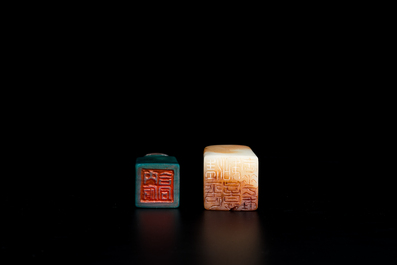 A Chinese white jade hairpin and two jade seal stamps, Qing