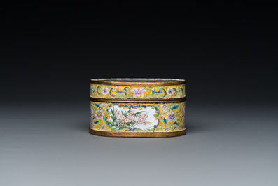 A fine Beijing enamel oval snuff box and cover with European ladies, Qianlong mark and probably of the period