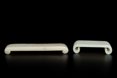 Two fine Chinese white and celadon jade brush rests, Qing