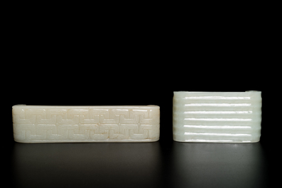 Two fine Chinese white and celadon jade brush rests, Qing