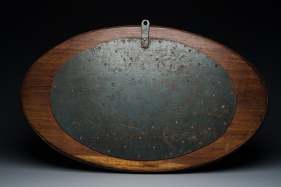 An extremely large Chinese mother-of-pearl-inlaid wooden tray with a central pavillion design, 19th C.