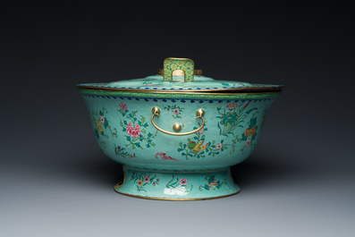 A large Chinese green-ground Canton enamel warming bowl with floral design, 18th C.