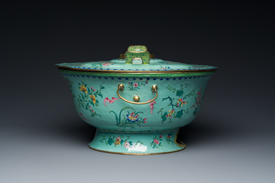 A large Chinese green-ground Canton enamel warming bowl with floral design, 18th C.