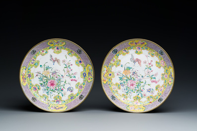 A pair of Chinese Canton enamel plates with exceptionally fine floral design, Yongzheng