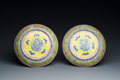 A pair of Chinese Canton enamel plates with exceptionally fine floral design, Yongzheng