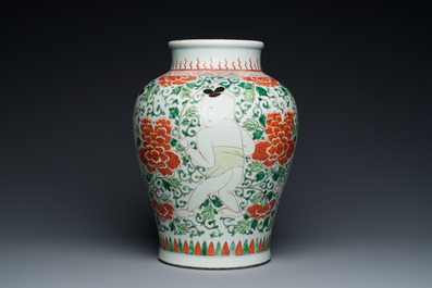 A Chinese famille verte 'Hehe Erxian' vase, Kangxi