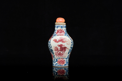 A Chinese blue, white and copper-red snuff bottle, Yongzheng mark and of the period