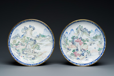 A pair of Chinese Canton enamel 'Master of the Rocks' plates, Yongzheng/Qianlong