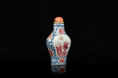 A Chinese blue, white and copper-red snuff bottle, Yongzheng mark and of the period