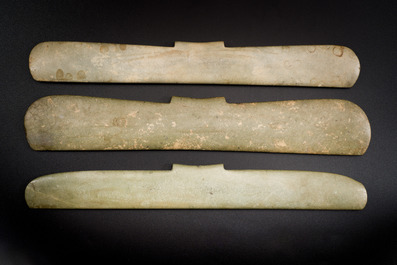 Three Chinese archaic calcified jade pendants, probably Liangzhu culture
